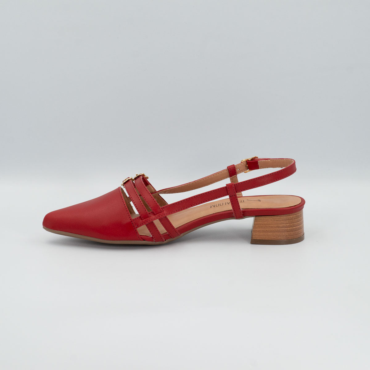 Acerola slingback pointed pump - left side profile view showing stacked low block heel