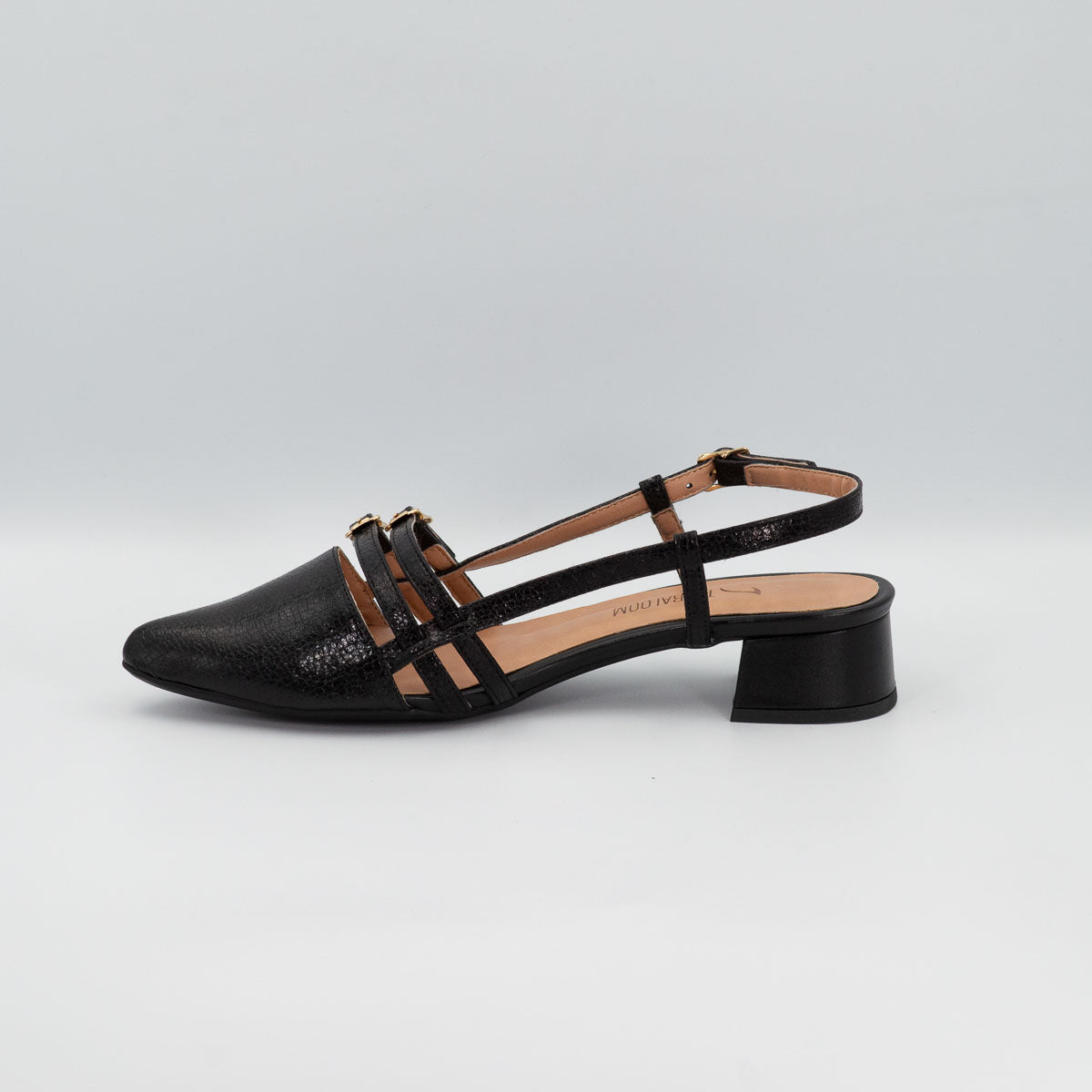 Terraloom Acerola crackle black pumps - left side profile view