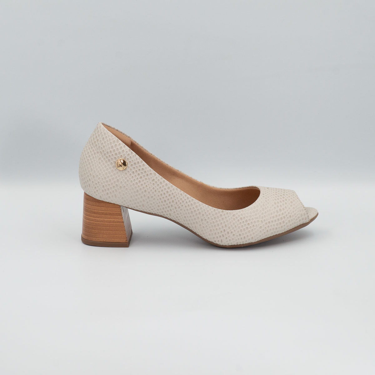 Erva-doce peep toe pump - right side profile view showing stacked heel