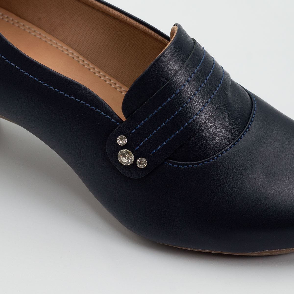 Terraloom Canela shoe - close-up detail view deep sea blue leather