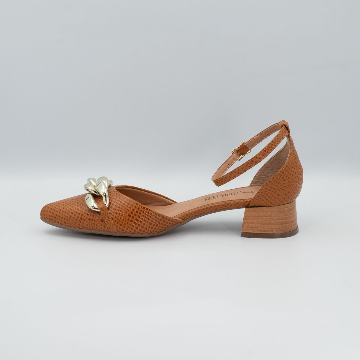 Jambo three rings ankle strap pump - left side profile view showing stacked low block heel