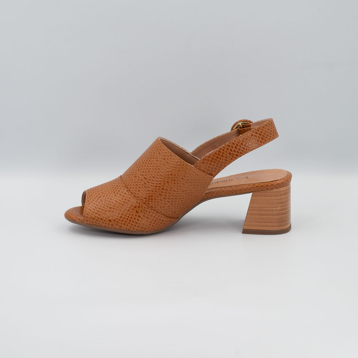 Jasmim peep toe sandal - left side profile view showing stacked heel