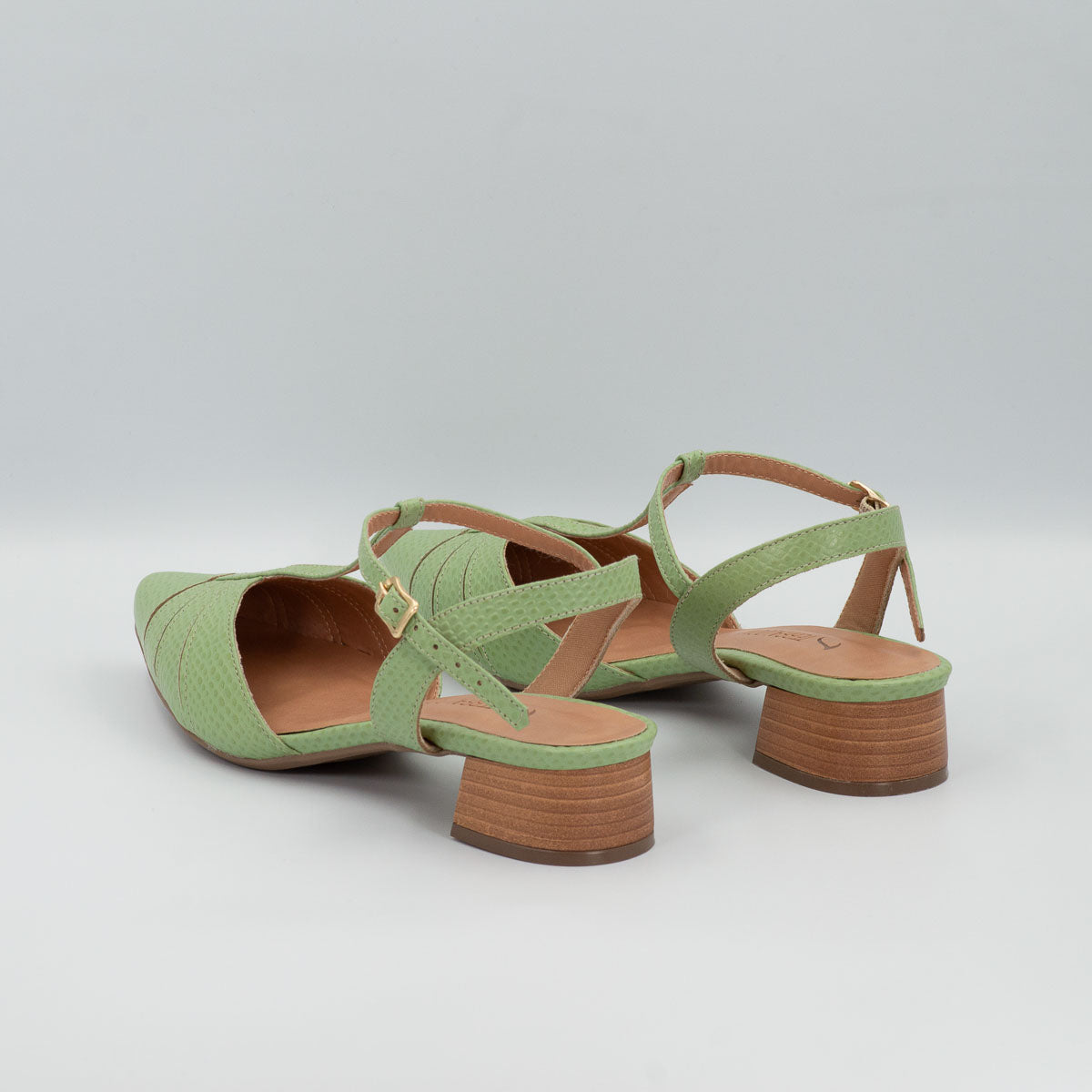 Margarida T-bar pumps - three-quarter view scale pistachio