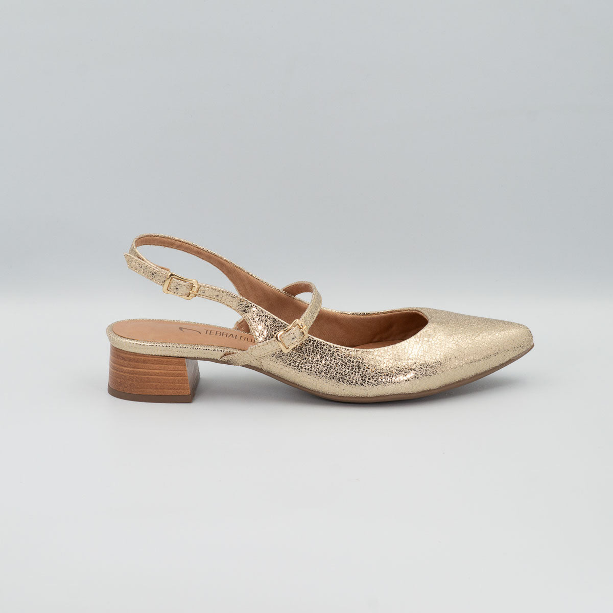 Terraloom Pequi pumps - right side profile view crackle light gold