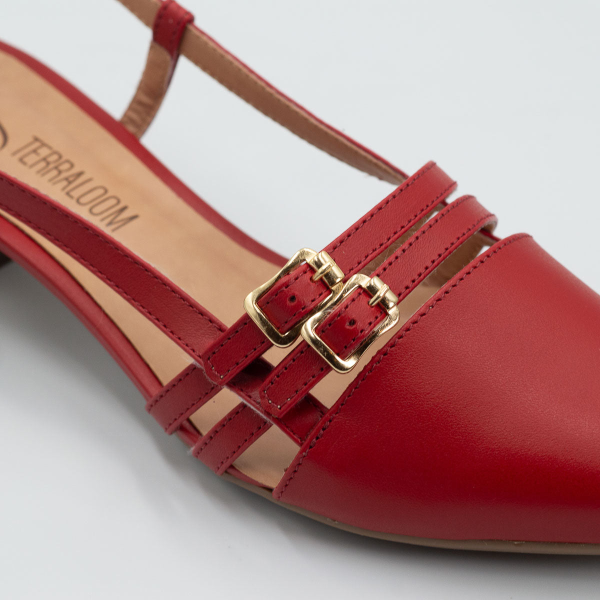 Terraloom Acerola pump - close-up detail view vegetal pomegranate leather