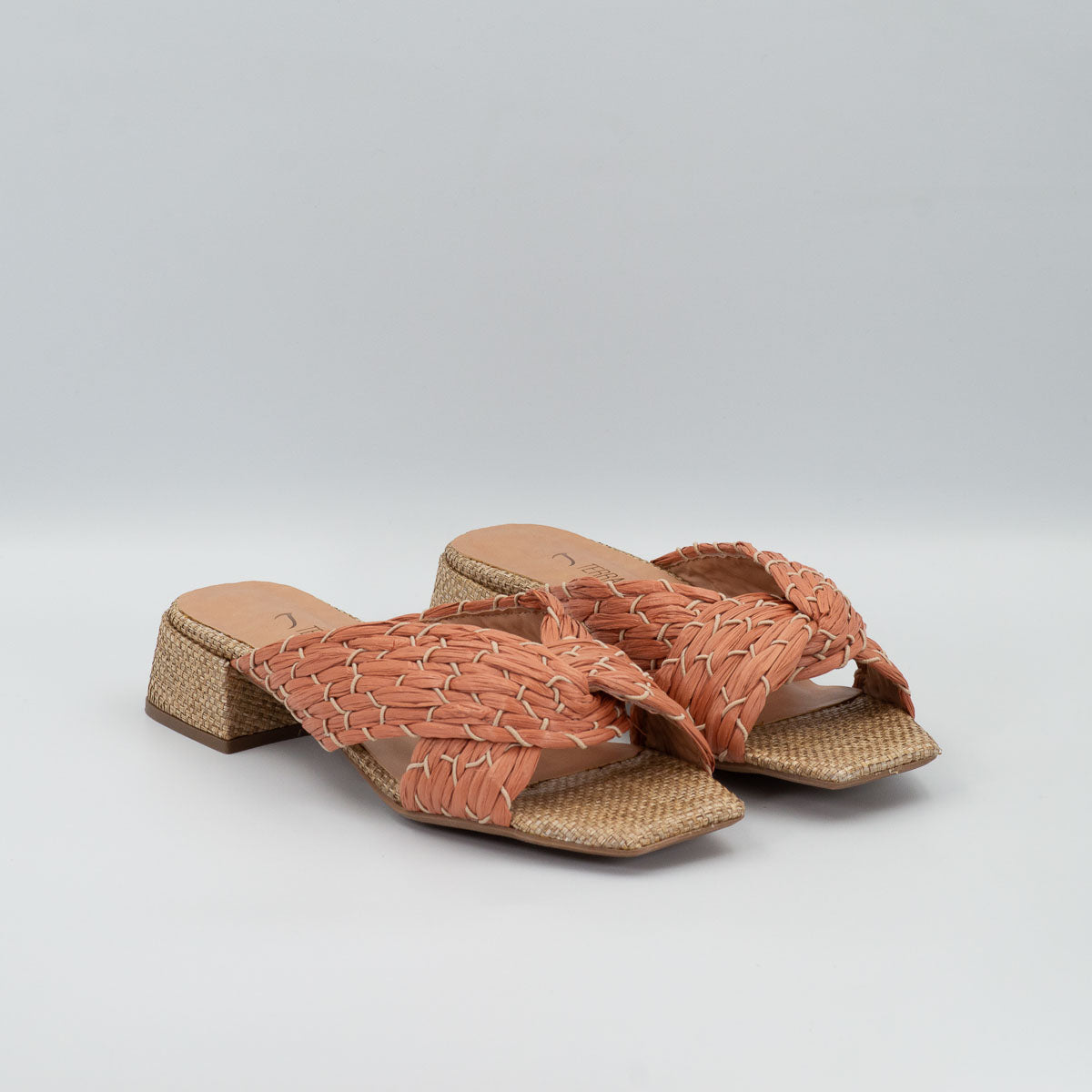 Comfortable Terraloom Rosa coral peach braided mule sandals with low block heel