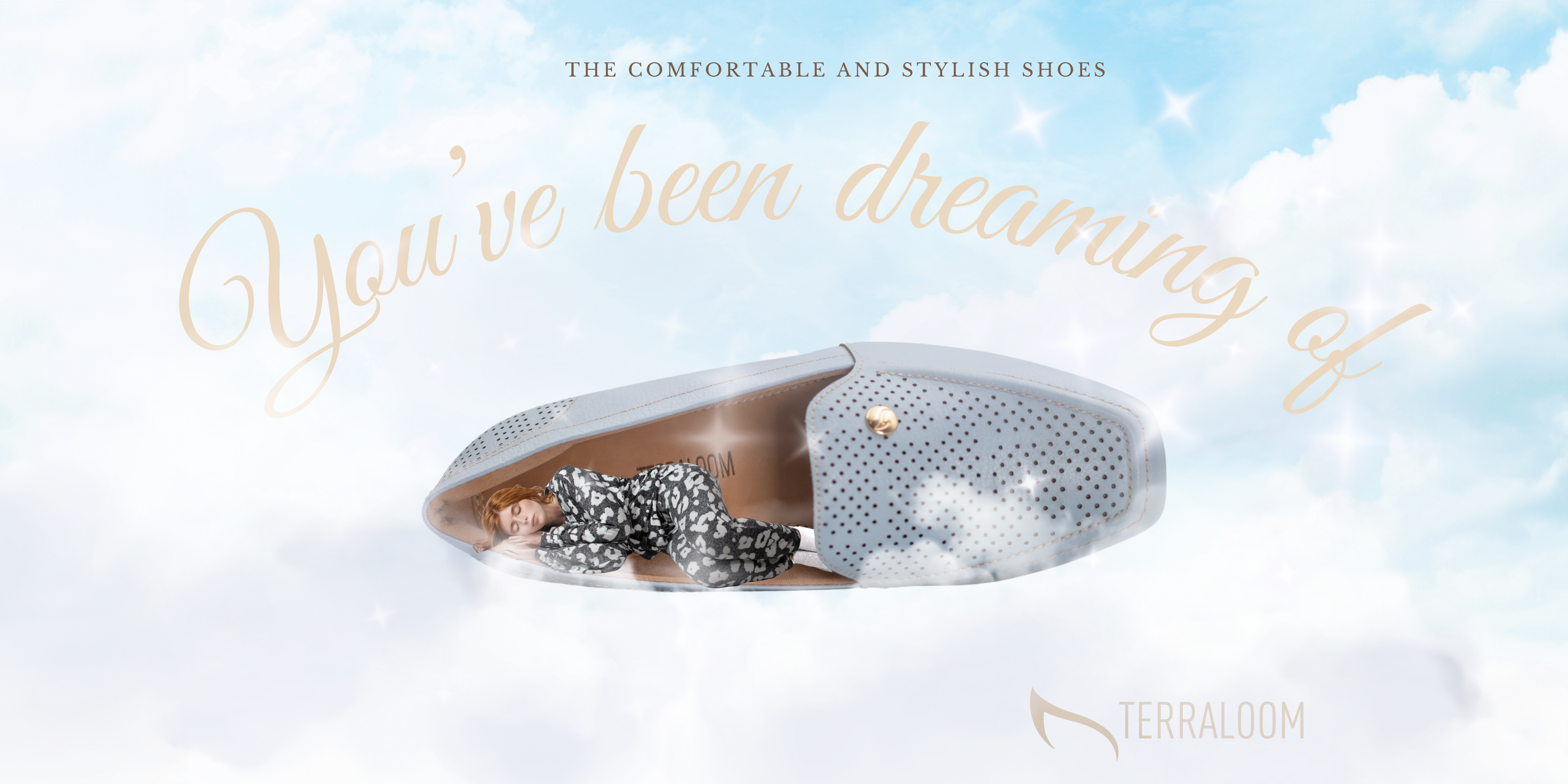 "Terraloom comfortable and stylish shoes - woman dreaming inside shoe showing ultimate comfort - brand concept image